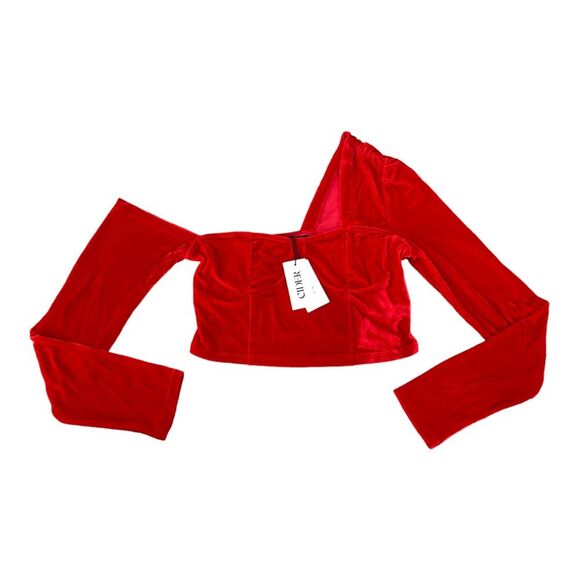 Cider NWT Velvet Red Long Sleeve‎ Asymmetrical Crop Top Size M Festival Concert - Picture 1 of 9